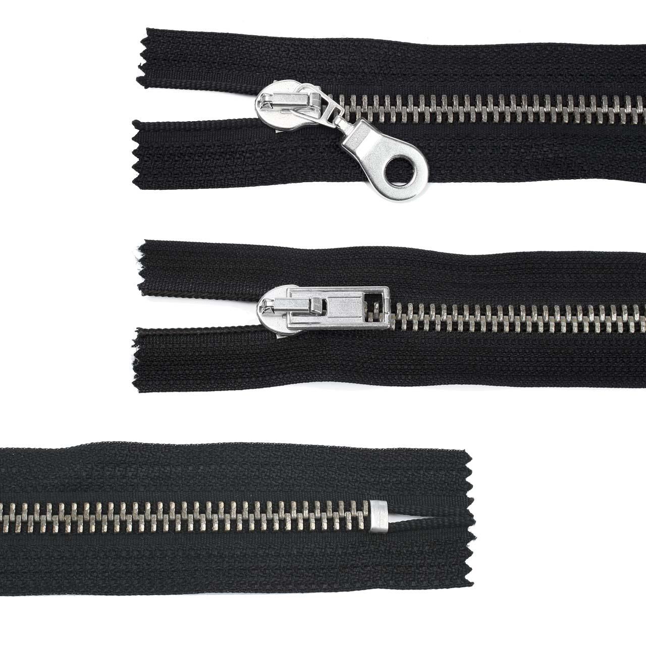 Zipper, metal, wide, black, 11 cm